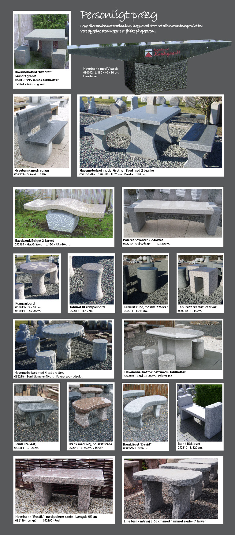 Mange forskellige havemøbler, borde taburetter og havebænke produceret i granit